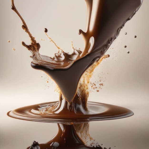 Ein Spritzer Schokolade wird in eine Glasschüssel gegossen