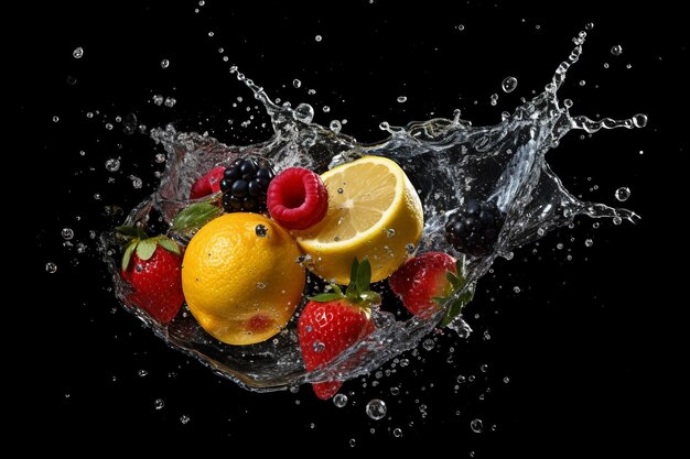 Ein Spritzer Wasser mit Früchten und Beeren darin