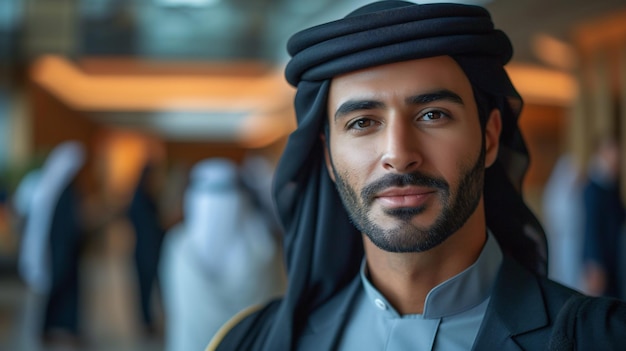 Foto ein staatsbürger der vereinigten arabischen emirate in traditioneller kleidung arbeitet in einem professionellen umfeld, das perfekt für geschäfte im nahen osten ist.