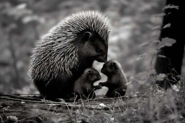 Ein Stachelschwein hält ein Baby-Stachelschwein im Maul