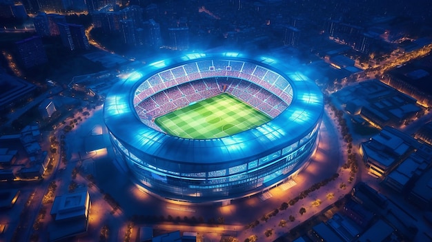 Ein Stadion bei Nacht mit eingeschalteten Lichtern und einem Schild mit der Aufschrift „FC Barcelona“