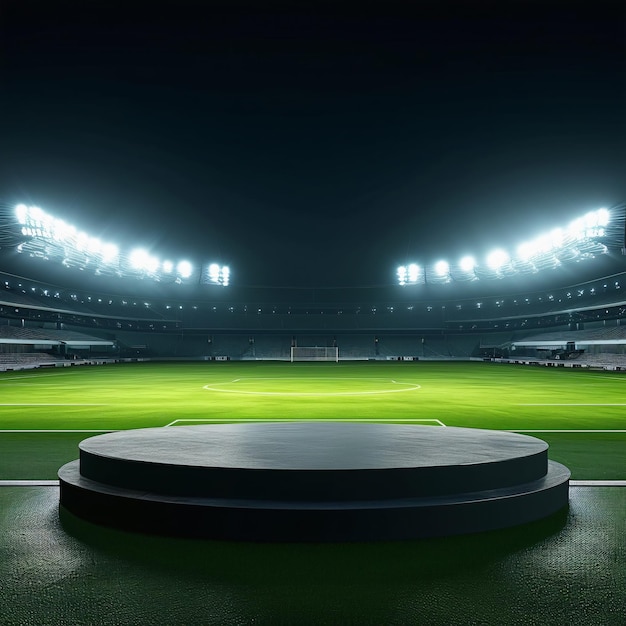 Foto ein stadion in der nacht mit scheinwerfern und einem leeren podium mit filmischer beleuchtung