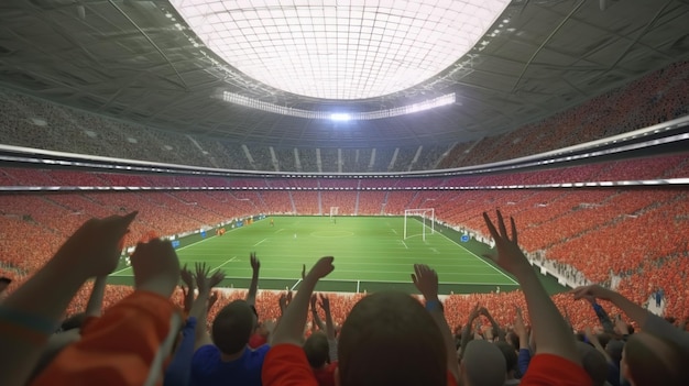 Ein Stadion mit Menschen in Orange und Blau