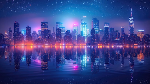 Ein Stadtbild in der Nacht mit Wolkenkratzern und Stadtlichtern, die sich in einem See reflektieren