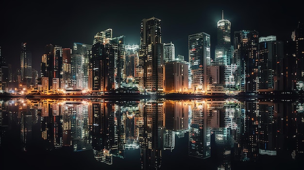 Ein Stadtbild mit beleuchtetem Stadtbild bei Nacht.