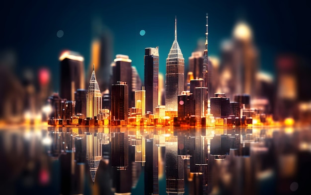 Ein Stadtbild mit blauem Hintergrund und beleuchteten Lichtern der Stadt.