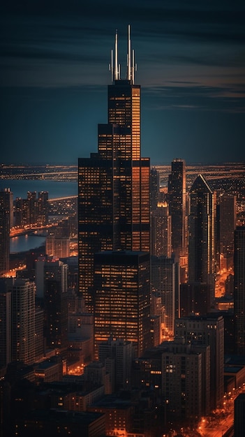 Ein Stadtbild mit der Skyline von Chicago bei Nacht.