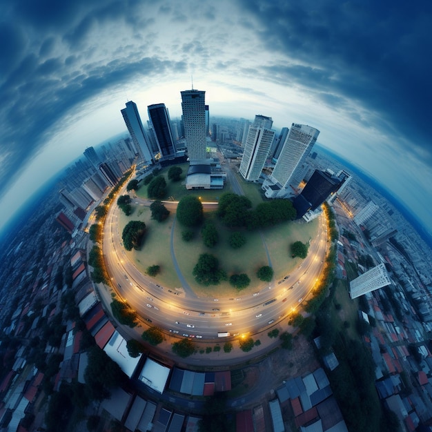 ein Stadtbild mit einem runden Kreis und einem Stadtbild im Hintergrund.