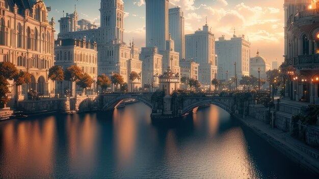 Ein Stadtbild mit einer Brücke und einem Fluss