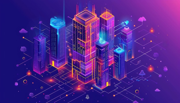 Ein Stadtbild mit Gebäuden, die von einem AI-generierten Bild in Neonfarben beleuchtet werden