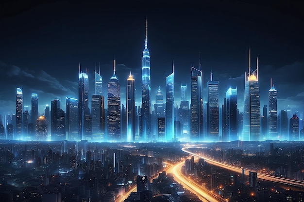 Ein Stadtbild mit leuchtenden, modernen Stadt-Skyline-Nachtlichtern im Hintergrund
