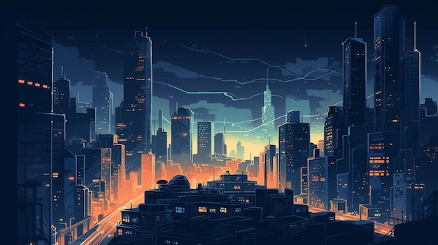 Ein Stadtbild mit Neonlicht und den Worten „Cyberpunk“ darauf.