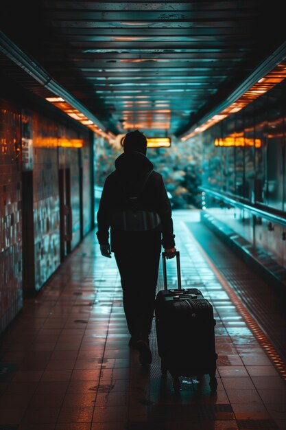 Foto ein städtischer pendler in einer mit neon beleuchteten u-bahn-passage