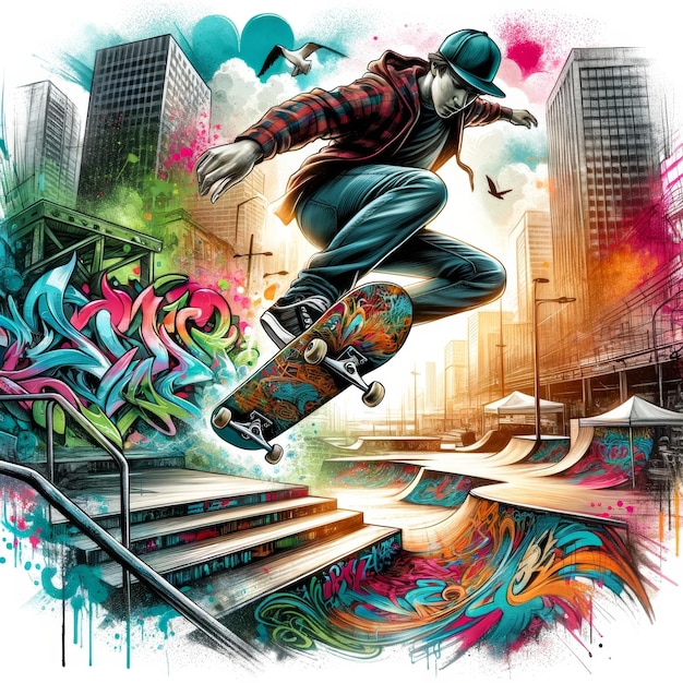 Ein städtischer Skateboard-Stunt inmitten farbenfroher Graffiti