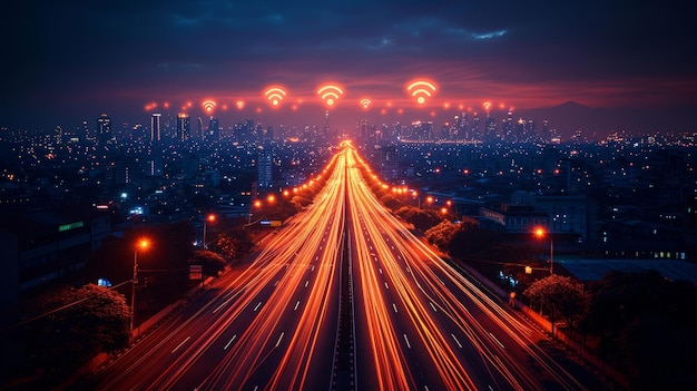 Ein städtisches Stadtbildkonzept mit drahtloser Netzwerkverbindung und Stadtbild Drahtloses Netzwerk und Verbindungstechnikkonzept mit Stadthintergrund in der Nacht