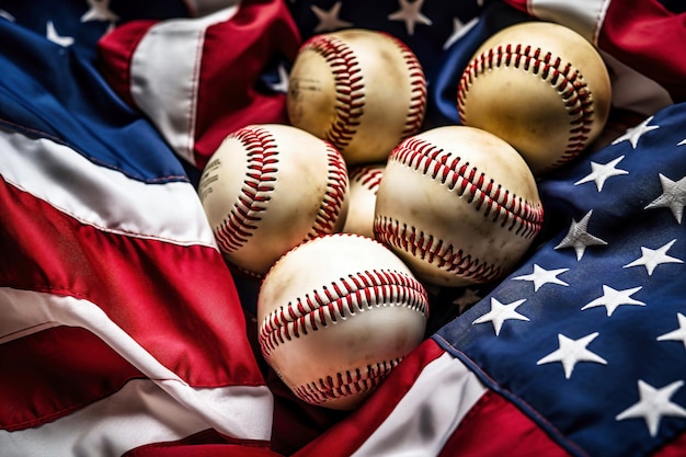 Ein Stapel Baseball auf einer amerikanischen Flagge