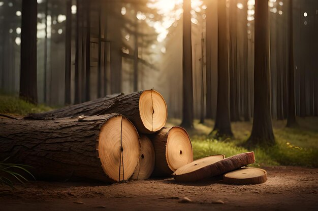 Ein Stapel Baumstämme in einem Wald, durch die Bäume scheint die Sonne