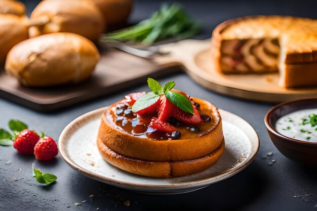 ein Stapel Brote mit Erdbeeren und Erdbeeren oben.