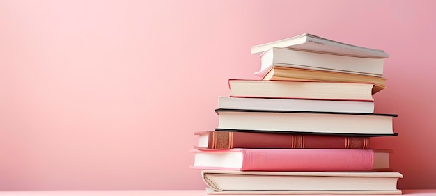 Ein Stapel Bücher auf einem rosa Hintergrund Wissen Tag generative KI