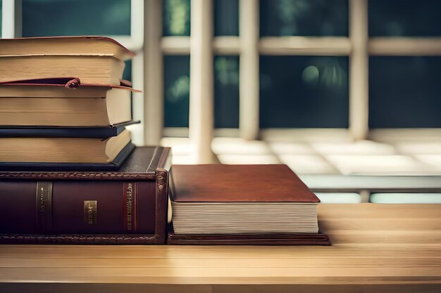 Foto ein stapel bücher auf einem tisch mit einem fenster im hintergrund