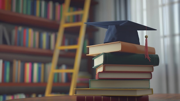 ein Stapel Bücher mit einer Abschlusskappe oben auf ihnen