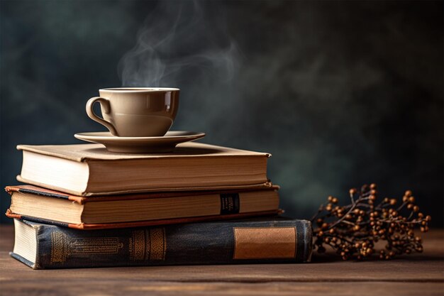 ein Stapel Bücher mit einer Tasse Kaffee daneben