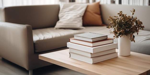 Foto ein stapel bücher mit einer vase mit blumen auf einem tisch in einem minimalistischen, hellen wohnzimmerinterieur