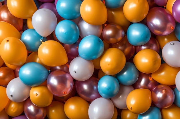 Ein Stapel bunter Luftballons mit der Aufschrift „Alles Gute zum Geburtstag“ darauf.