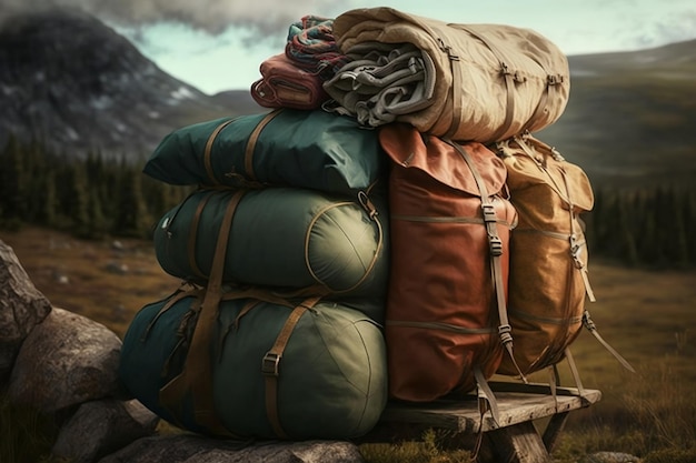 Ein Stapel Campingausrüstung auf einer Bank mit Bergen im Hintergrund