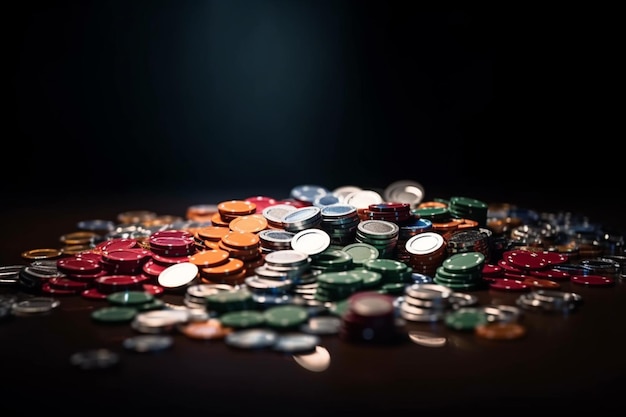 Ein Stapel Casino-Chips auf einem Tisch mit dunklem Hintergrund.