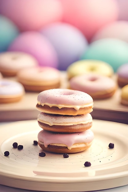 Ein Stapel Donuts mit rosa Zuckerguss und Schokoladenstückchen oben drauf.