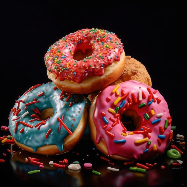 Ein Stapel Donuts mit Streuseln und Streuseln darauf.