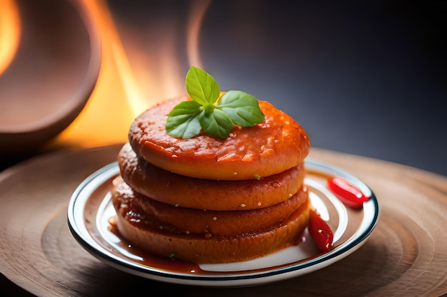 Ein Stapel Essen auf einem Teller mit einem Feuer im Hintergrund.