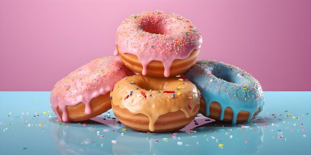 Foto ein stapel farbenfroher donuts mit rosa glasur und blauen sprinkles.