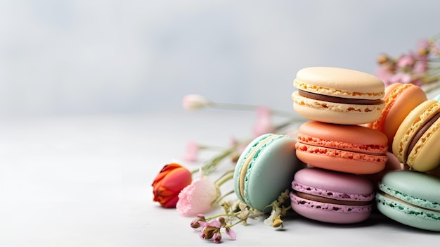 Ein Stapel farbenfroher Macarons Web-Banner mit Kopierraum Generative KI