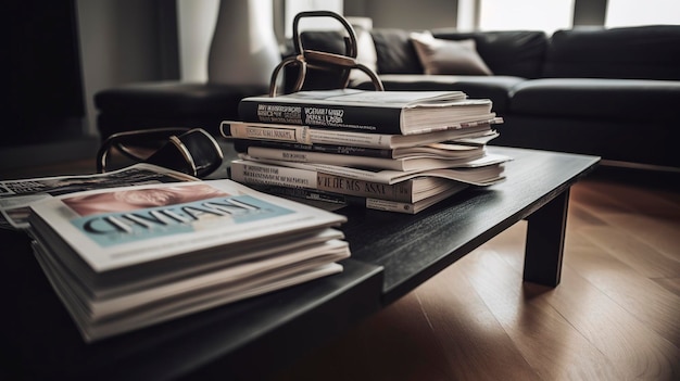 Ein Stapel Fitnesszeitschriften und Bücher auf einem Kaffeetisch