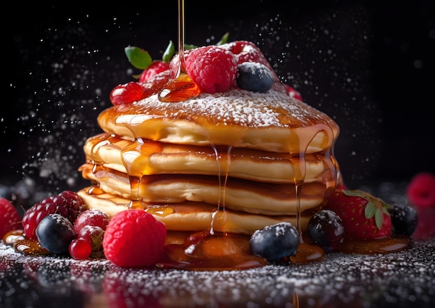 Ein Stapel flauschiger Pfannkuchen, garniert mit einem Spritzer Ahornsirup, frischen Beeren und Puderzucker