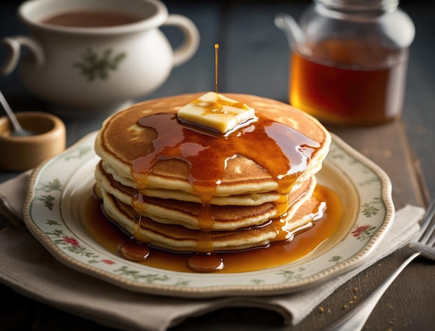 Ein Stapel frisch zubereiteter Pfannkuchen mit Honig