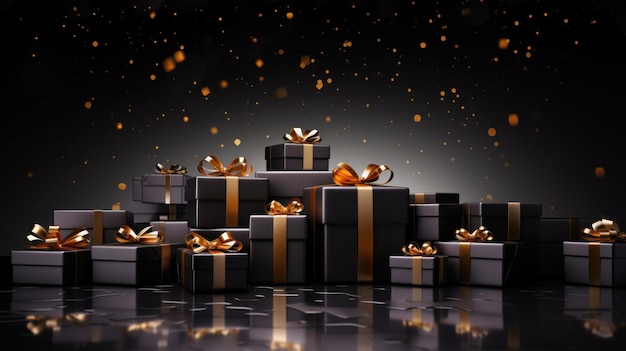 Ein Stapel Geschenkboxen aus goldenem Papier, die Platz für Kopien für Weihnachten oder den Black Friday bieten. AI Generated