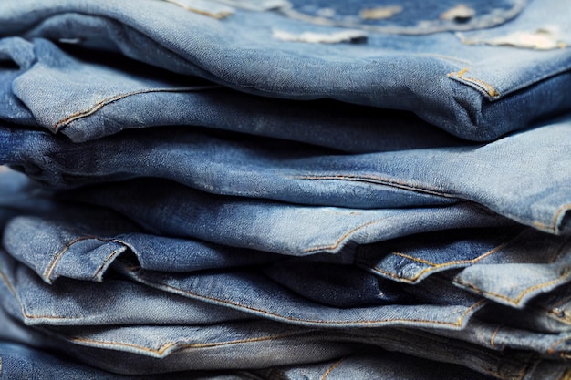 Ein Stapel Jeans, die blau und grün sind