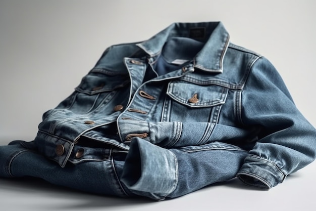 Ein Stapel Jeansjacken auf einem Tisch