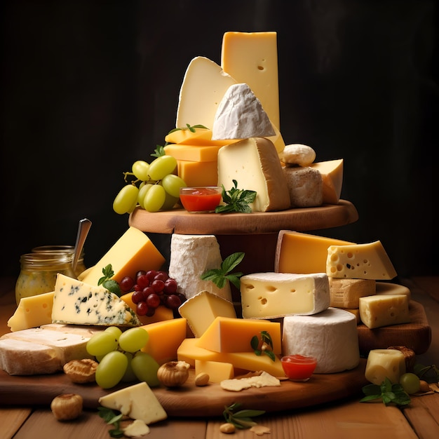 Ein Stapel Käse und Käse auf einem Holztisch