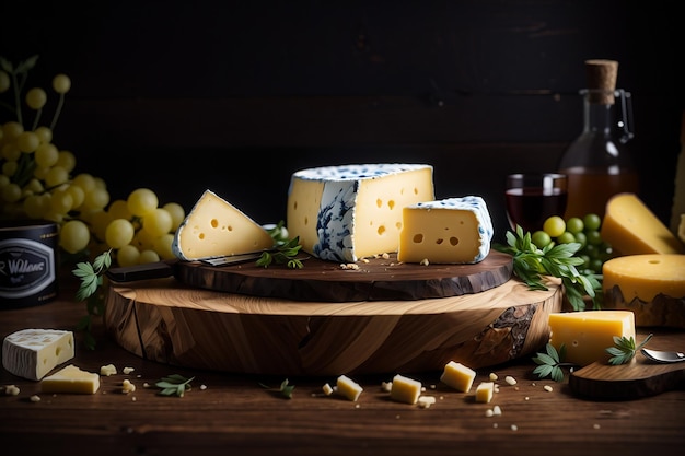 Ein Stapel köstlicher gelber Käse auf Holztisch und Holzhintergrund