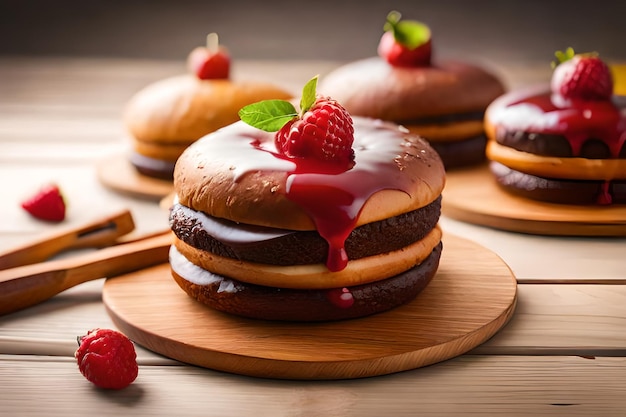 Ein Stapel Kuchen mit Himbeeren darauf