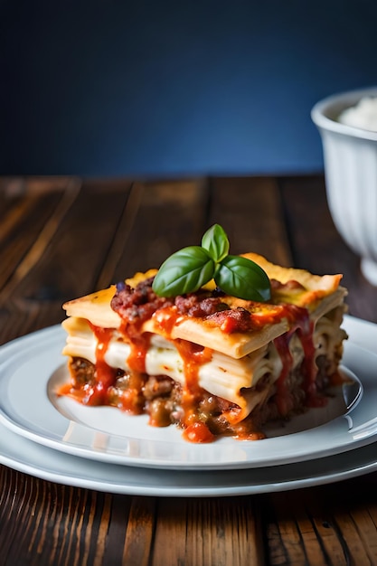 Ein Stapel Lasagne auf einem Teller mit blauem Hintergrund.