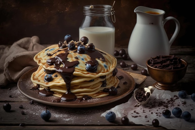 Ein Stapel lockerer Pfannkuchen, beträufelt mit warmer geschmolzener Schokolade, die ein dekadentes und nachsichtiges Dessert Generative of AI schaffen