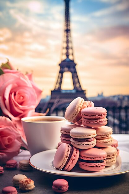 ein Stapel Makronen und eine Tasse Kaffee mit einem Turm im Hintergrund