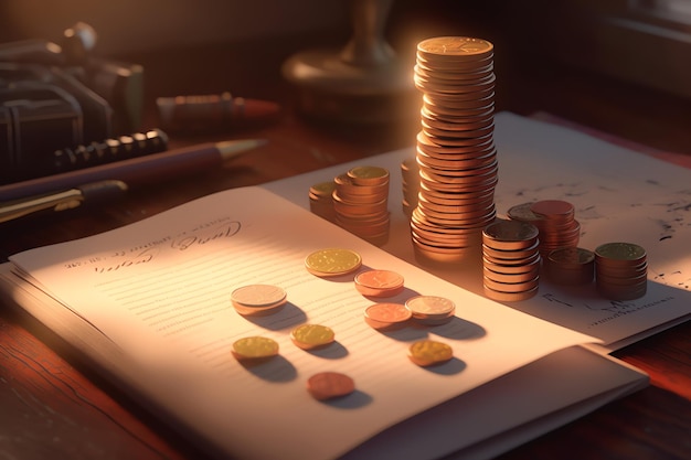 Ein Stapel Münzen auf einem Tisch mit einem Stift und einem Stift darauf