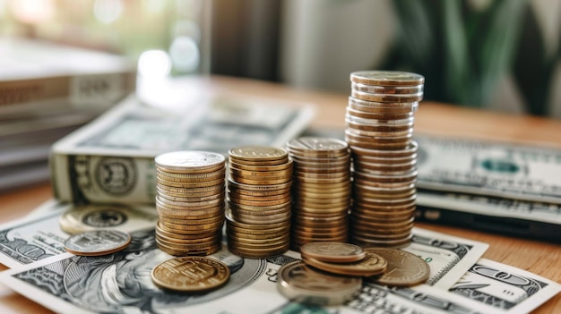 Ein Stapel Münzen und Banknoten, die ordentlich auf einem Schreibtisch angeordnet sind, symbolisiert Vermögen, Ersparnisse und finanzielle Stabilität
