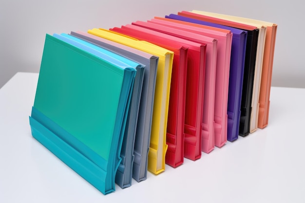 Ein Stapel Notizbücher mit jeweils unterschiedlich farbigem Einband, erstellt mit generativer KI